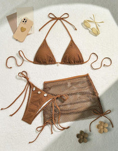 3 Pack Mocha Net Triangle Bikini & Skirt