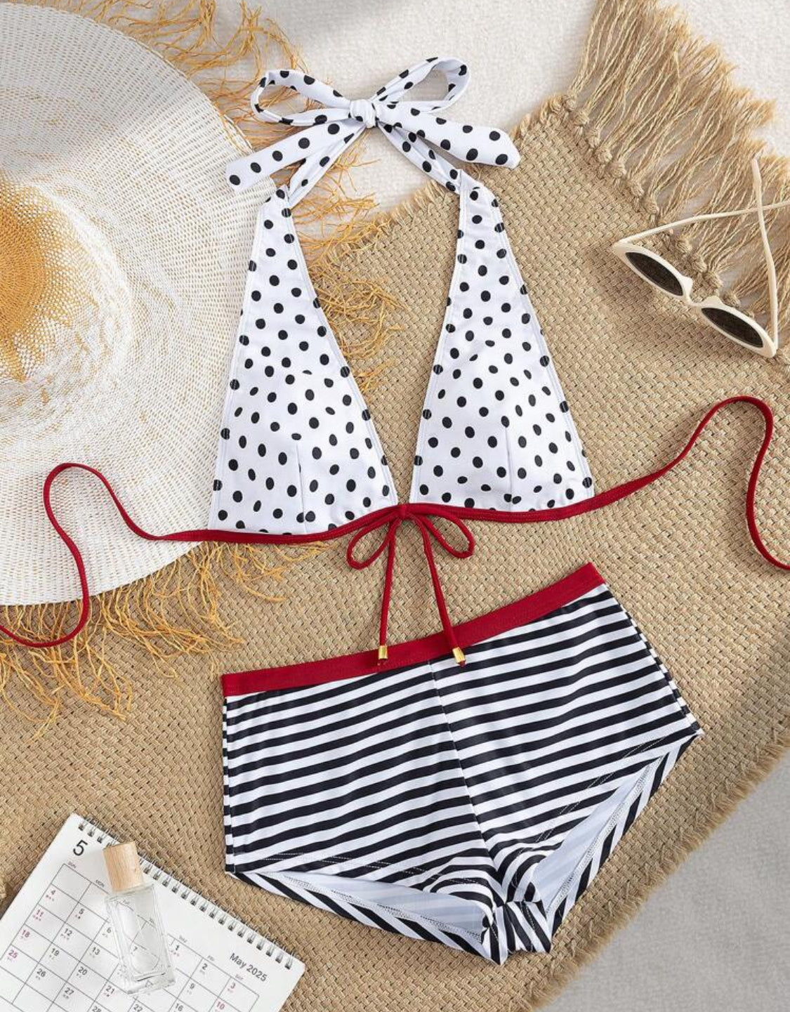 Polka Dot & Stripes Halter Bikini Shorts Set
