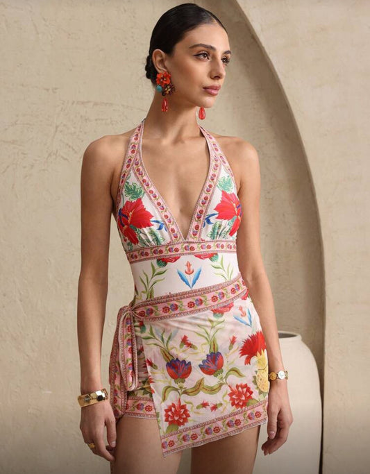 Bohemian Bloom Halter Swimsuit and Mini Wrap Skirt