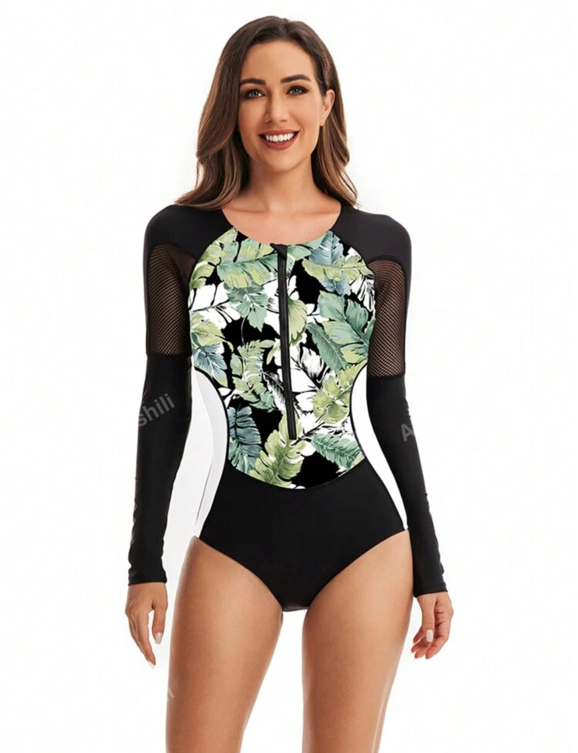 Leaf & Block Mesh Rashguard One-Piece