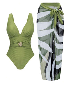 Olive Textured Monstera Detail Swimsuit & Sarong Set