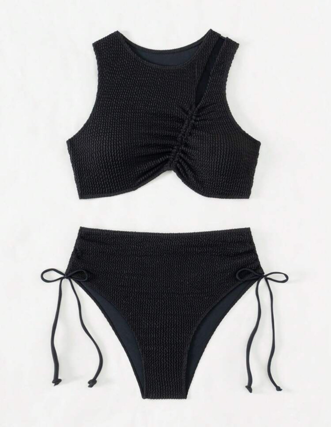 Black Crinkle Drawstring High Waist Bikini Set