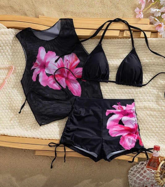 3 Pack Neon Hibiscus Splash Bikini & Crop Top Set