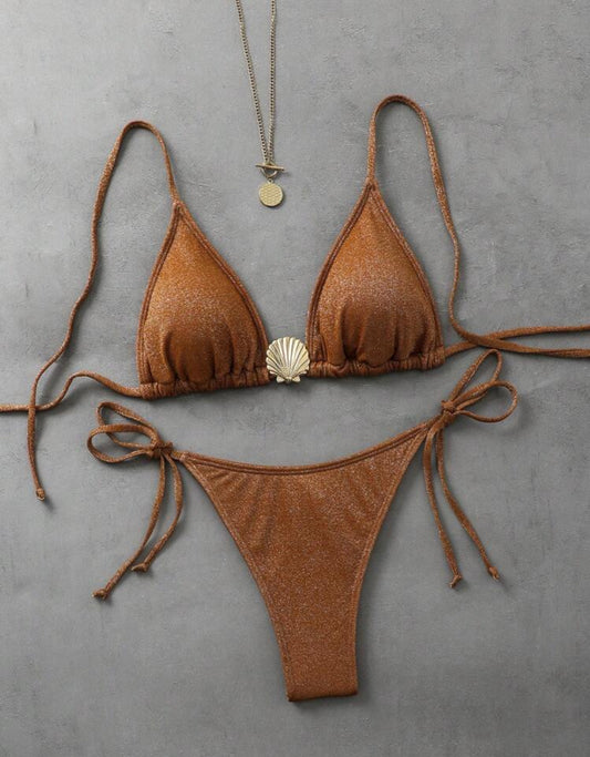 Metallic Brown Shell Triangle Bikini Set