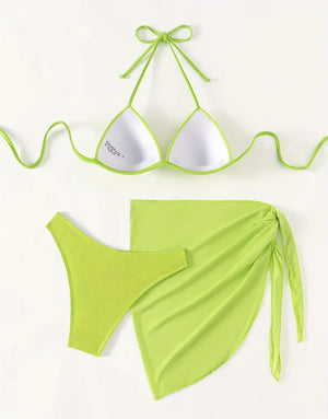 3 Pack Lime Ribbed Push Up Bikini & Wrap Set