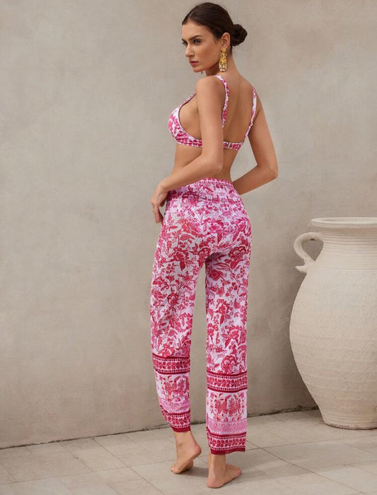 Pink Floral Plunge Bikini & Cover Pants Set