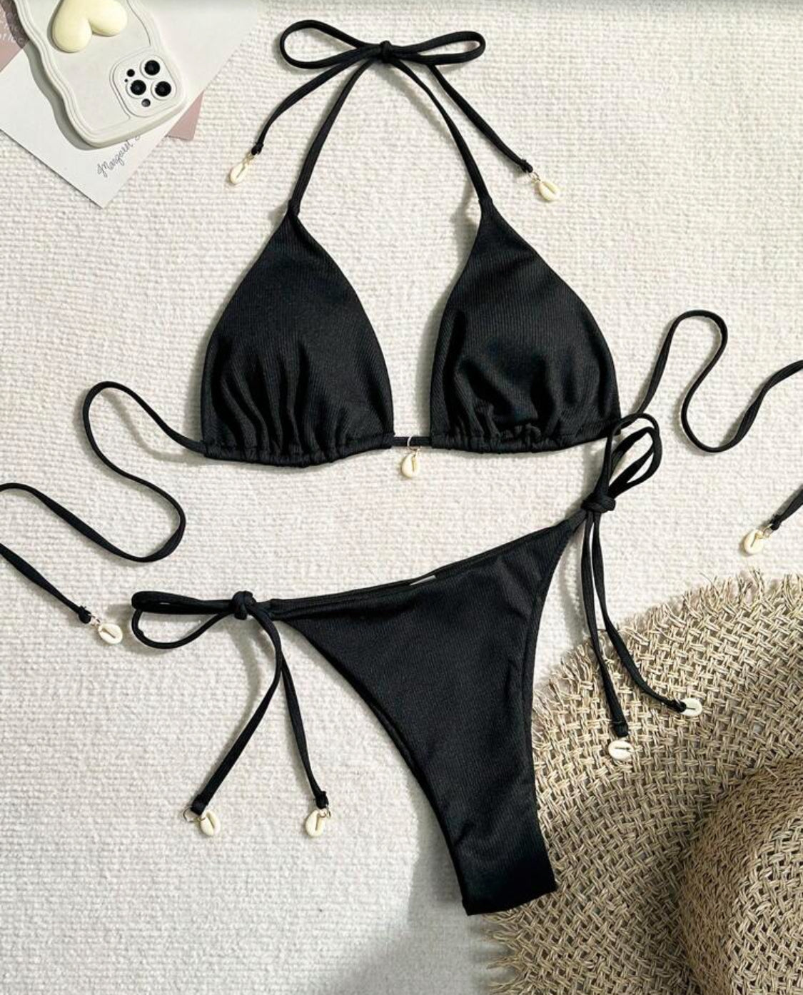 Ribbed Black Triangle Bikini Shell Detail