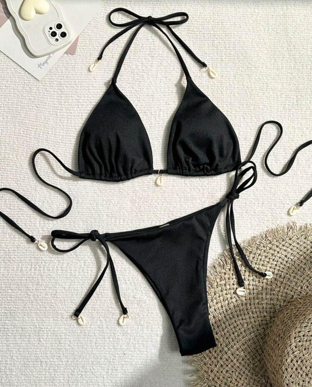 Ribbed Black Triangle Bikini Shell Detail