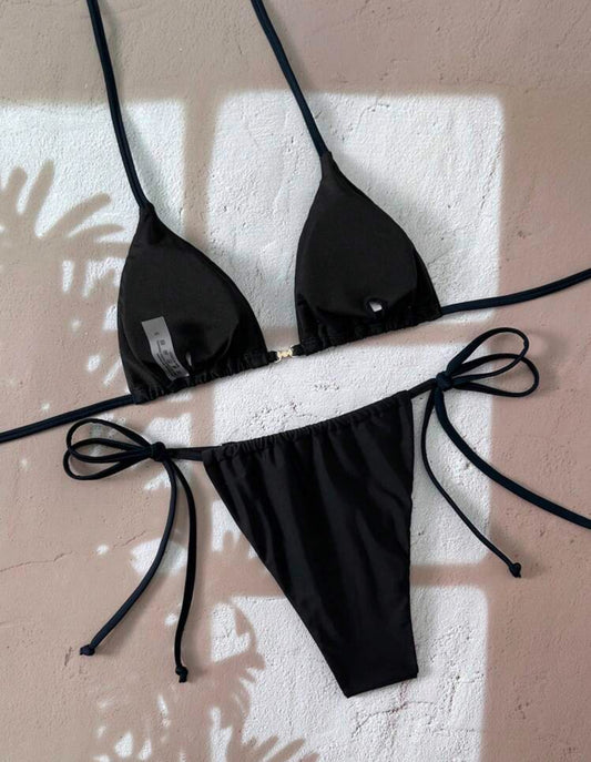 Black Tie Up Bikini Pearl Detail