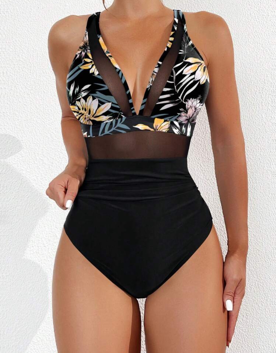 Tropical & Black Mesh Tummy Control Plunge One Piece