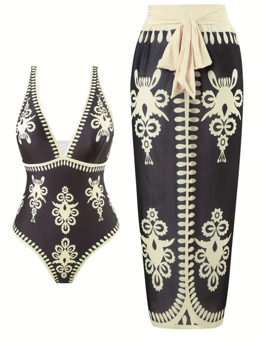 B/W Tribal Print Plunge Swimsuit & Sarong Set