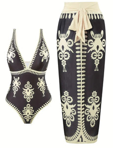 B/W Tribal Print Plunge Swimsuit & Sarong Set