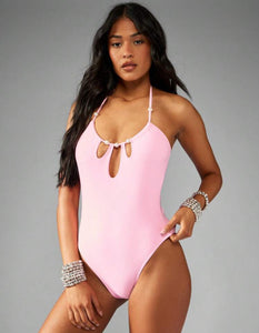 MISSGUIDED Baby Pink Pearl Halter Swimsuit