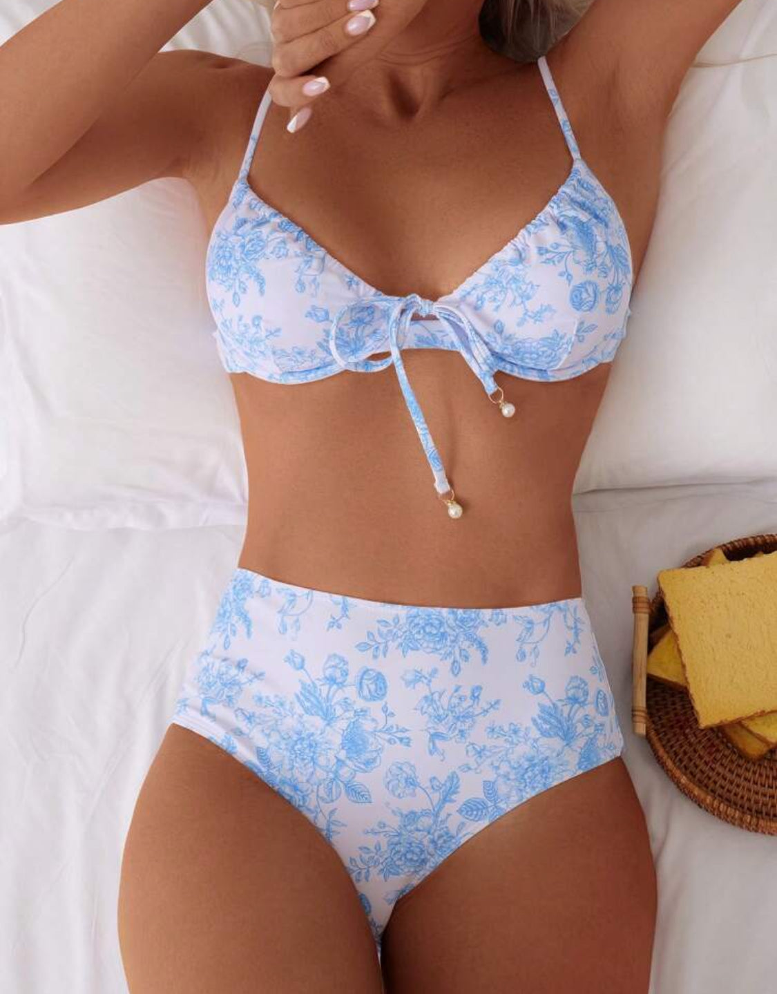 Blue White Floral Underwire High Waist Bikini Set