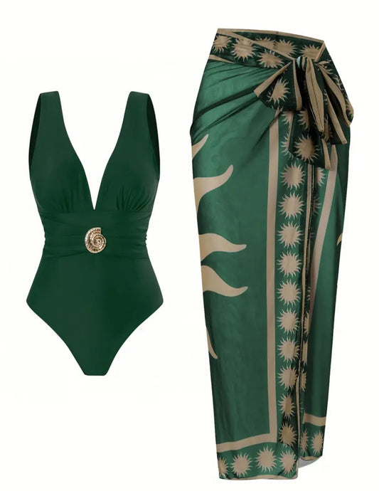 Forest Green Shell Plunge Swimsuit & Sarong Set
