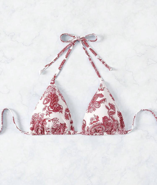 White Rust Paisley Print Triangle Bikini Top
