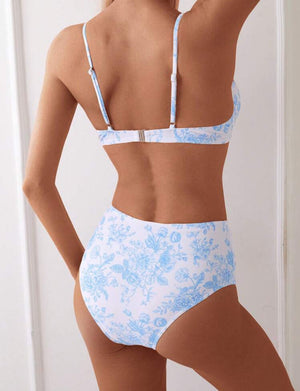 Blue White Floral Underwire High Waist Bikini Set