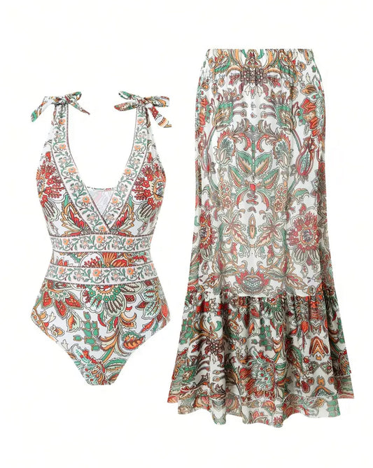 Bohemian Bloom Plunge Swimsuit & Skirt Set