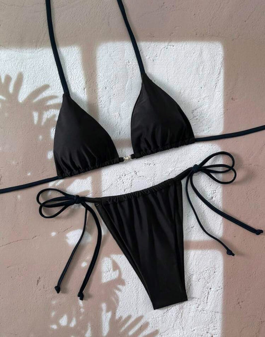 Black Tie Up Bikini Pearl Detail