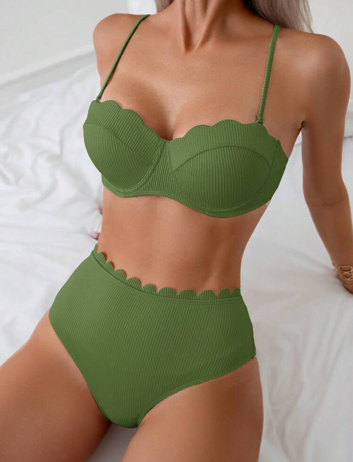 Ribbed Scallop Trim Push Up High Waist Bikini Set