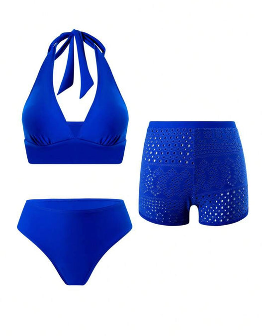 3 Pack Indigo Halter Bikini & Crochet Shorts Set