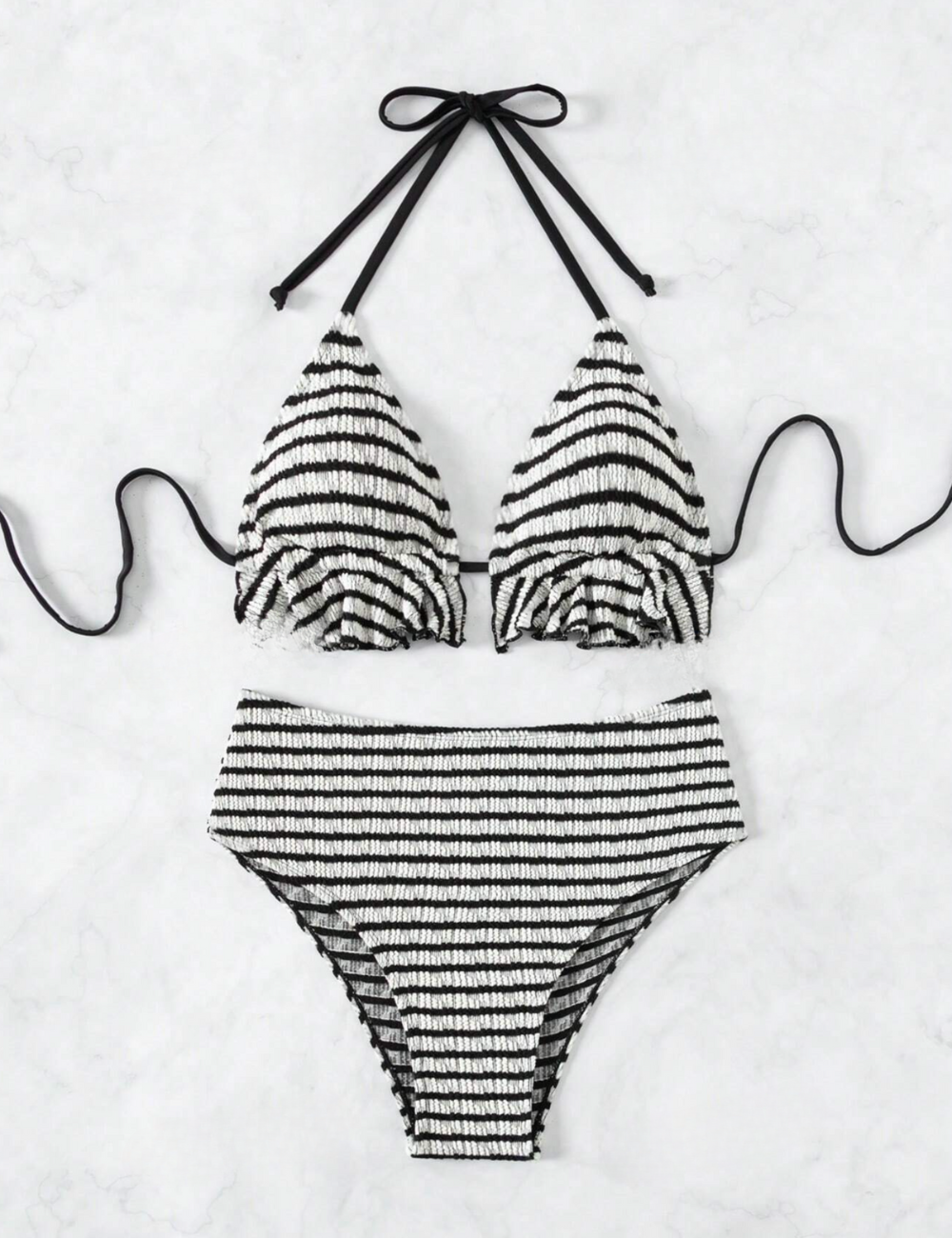 B/W Stripe Textured Frill Triangle Bikini Set