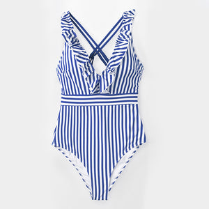 Cupshe - Blue White Stripe Ruffle Swimsuit