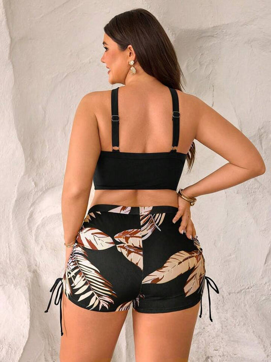 Plus Size Criss Cross Neck Ribbed Crop Top & Tropical Bikini Shorts Set