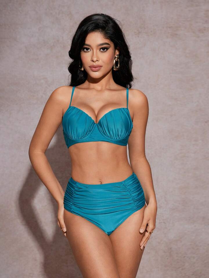 Teal Tummy Control Push Up Ruched Bikini Set