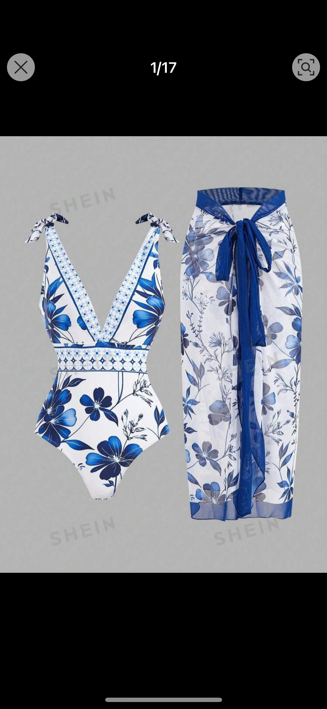 Blue & White Floral Swimsuit & Sarong Set