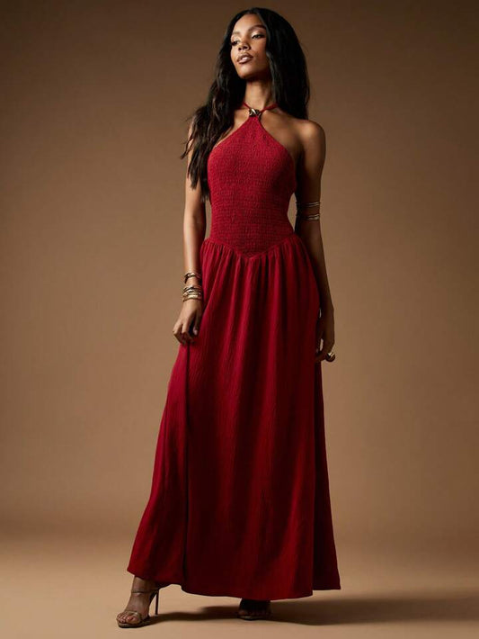 Wine Red Shirred Gold Detail Maxi Dress