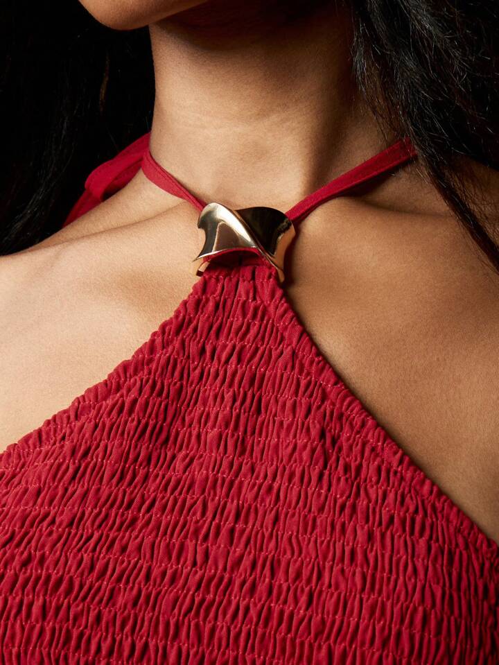 Wine Red Shirred Gold Detail Maxi Dress