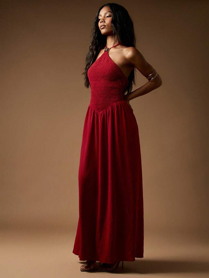 Wine Red Shirred Gold Detail Maxi Dress