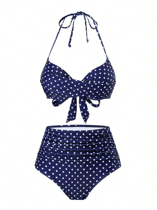 Navy Polka Dot Push Up Twist Ruched Bikini Set
