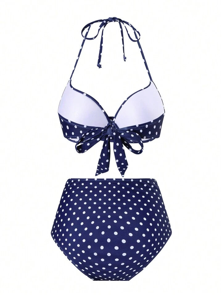 Navy Polka Dot Push Up Twist Ruched Bikini Set