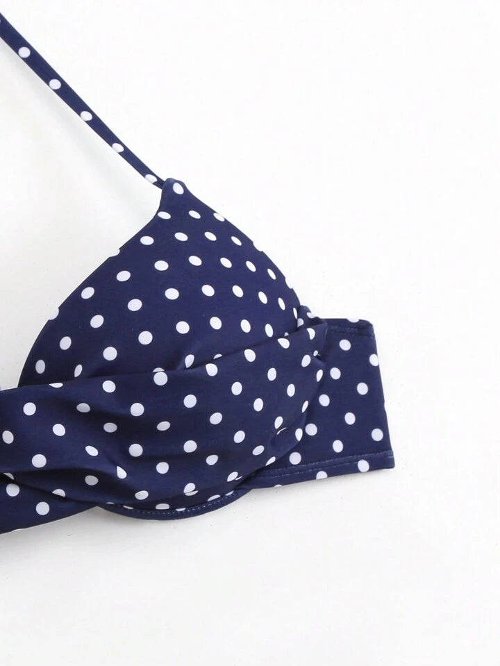 Navy Polka Dot Push Up Twist Ruched Bikini Set