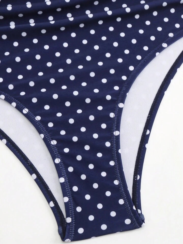 Navy Polka Dot Push Up Twist Ruched Bikini Set