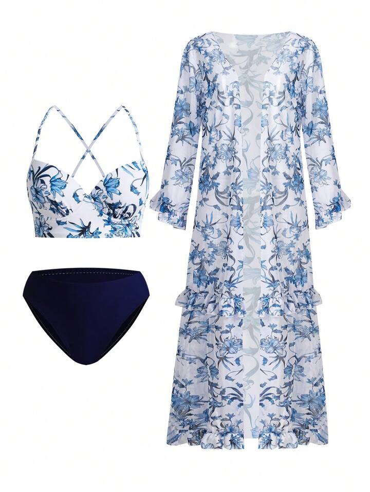 Floral & Navy Bikini & Maxi Kimono Set