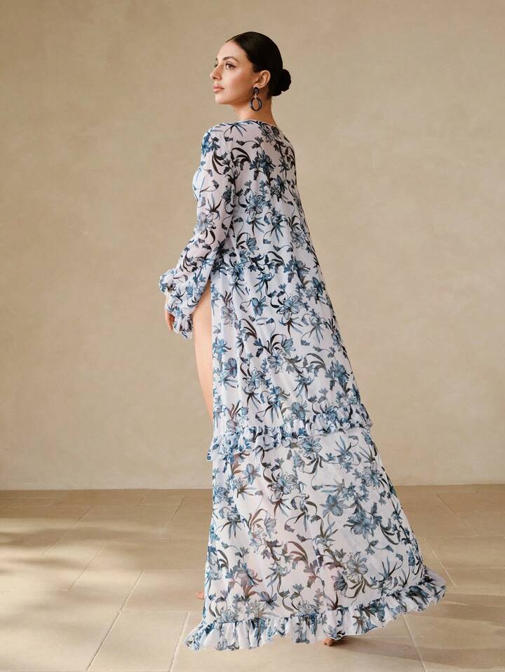 Floral & Navy Bikini & Maxi Kimono Set