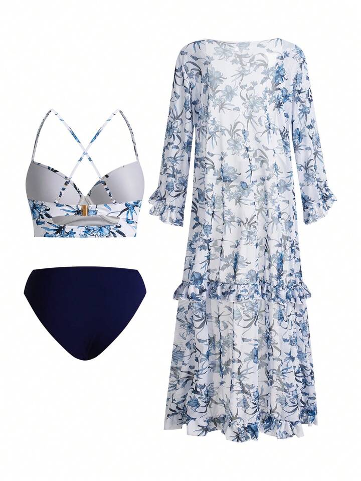 Floral & Navy Bikini & Maxi Kimono Set