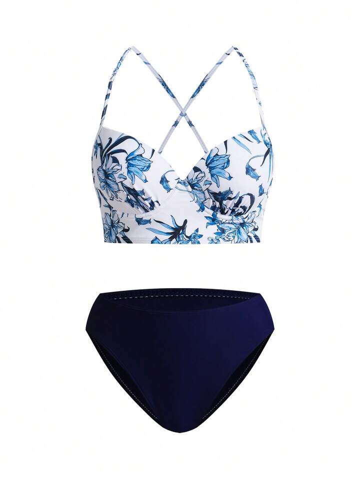 Floral & Navy Bikini & Maxi Kimono Set