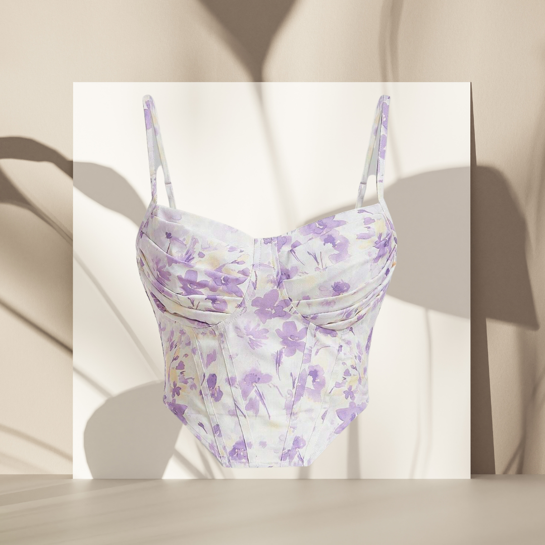 Pastel Lilac Floral Ruched Bustier Cami Crop Top