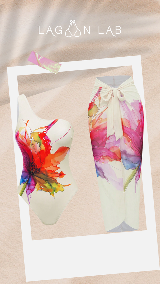 Cream One Shoulder Abstract Flower Swimsuit & Sarong Set