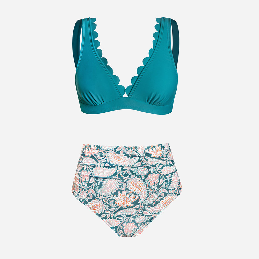 Cupshe - Aqua & Paisley Scalloped High Waist Bikini Set