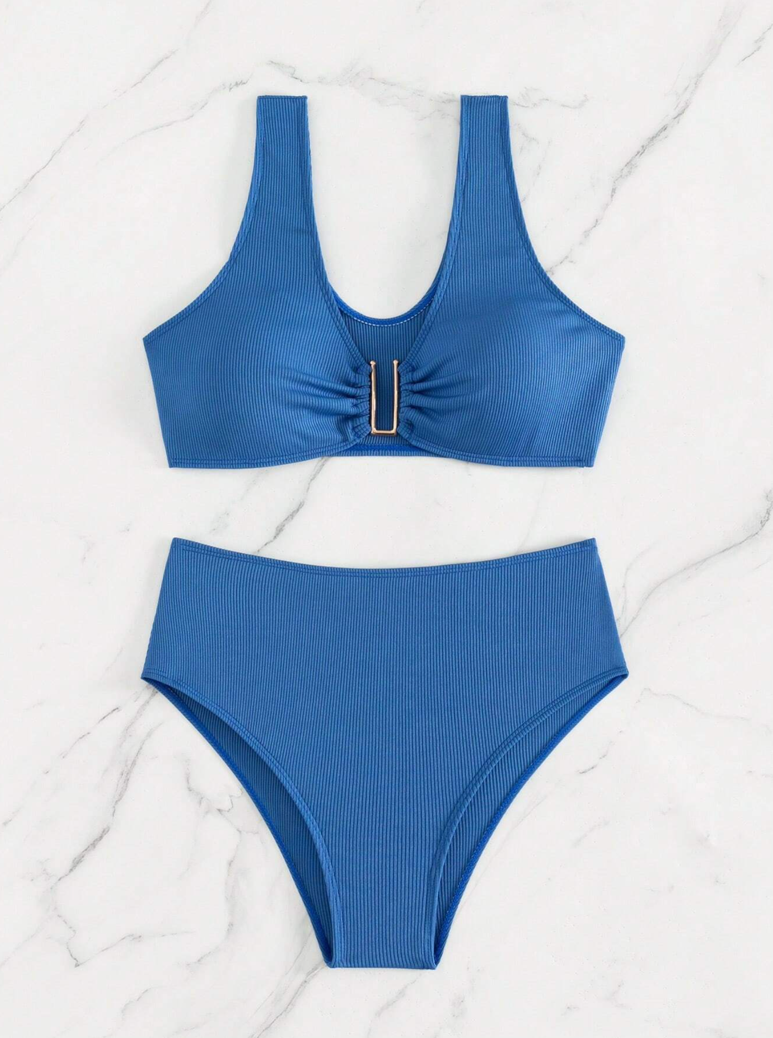 Blue Ribbed Metal Detail High Waisted Bikini Set