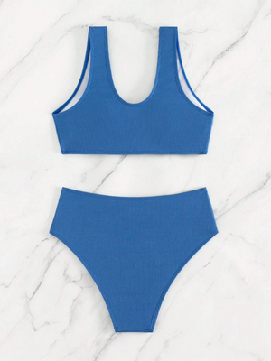 Blue Ribbed Metal Detail High Waisted Bikini Set
