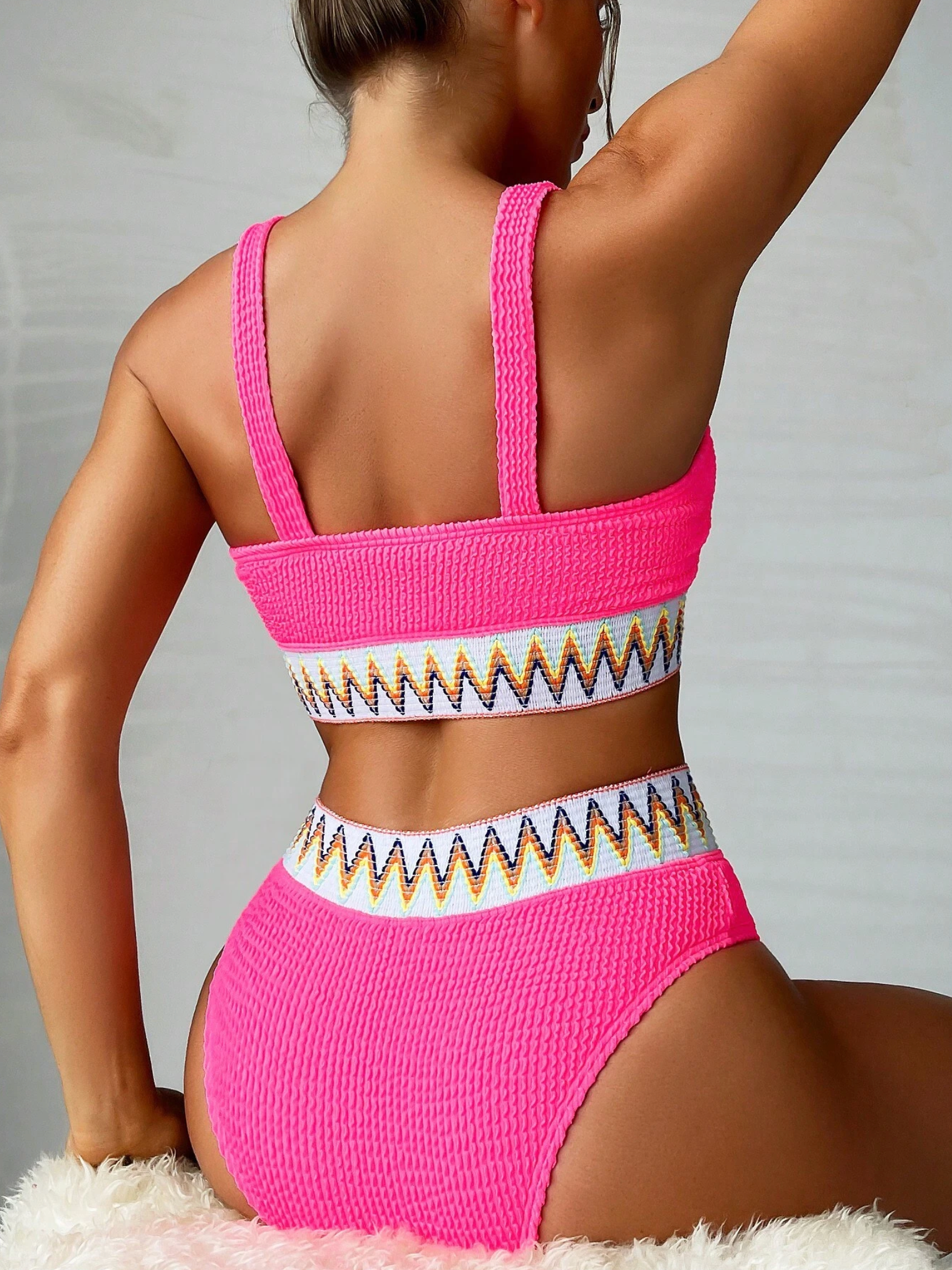 BarbieCore Crinkle Chevron Tape High Waist Scoop Bikini Set