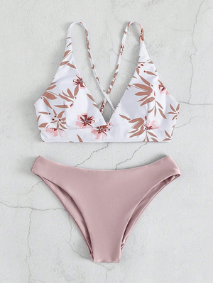 Floral & Block Lace Up Bikini Brief Set