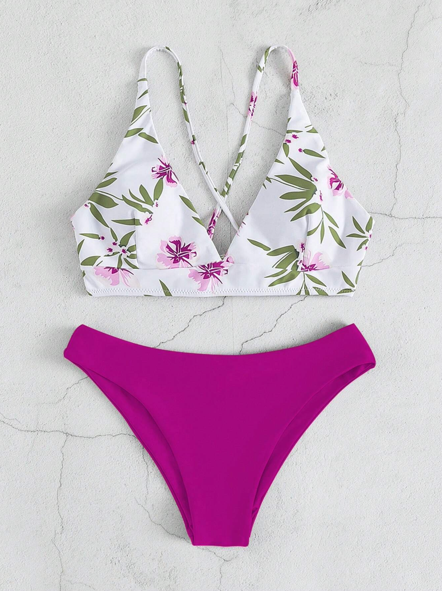 Floral & Block Lace Up Bikini Brief Set