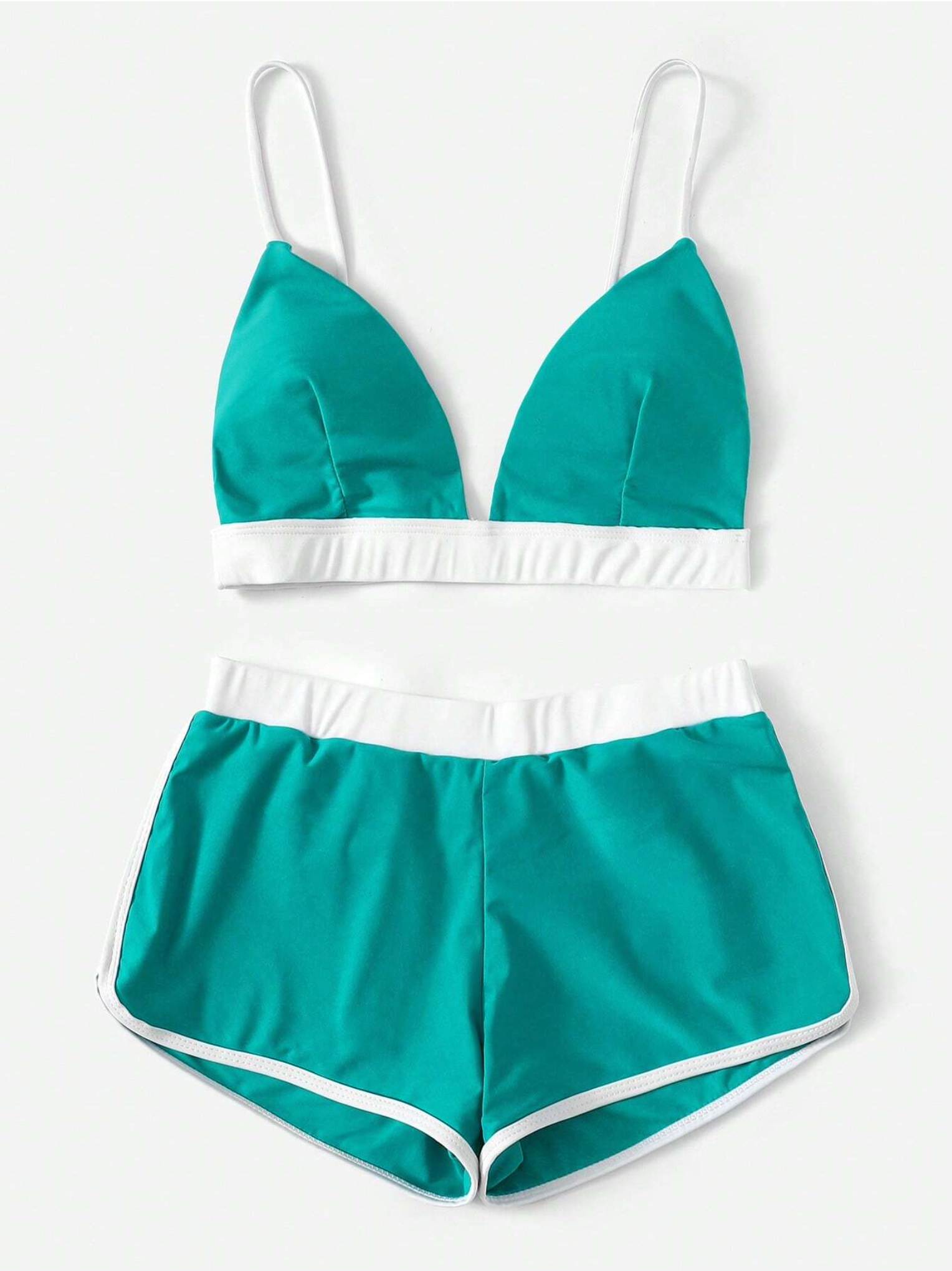 Aqua Contrast Binding Triangle Bikini Shorts Set